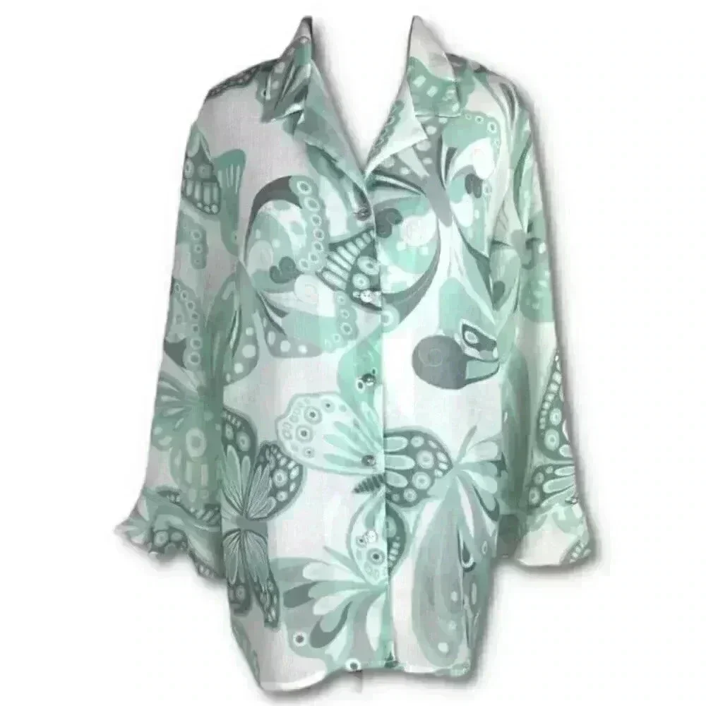 Alfred dunner top size 16 mint green white butterfly button down Y2K vintage